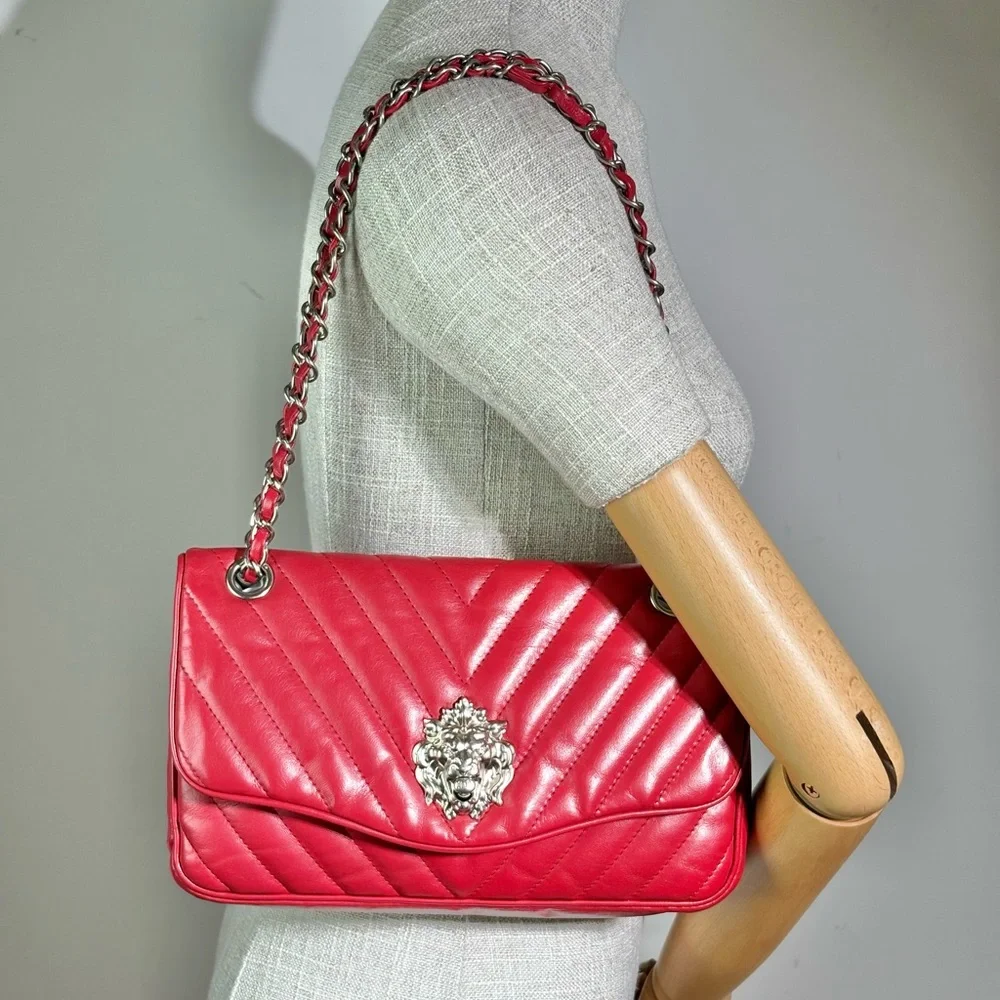 CHANEL Red Lambskin Chevron Flap Bag SHW Lion Hardware - Picture 16 of 16